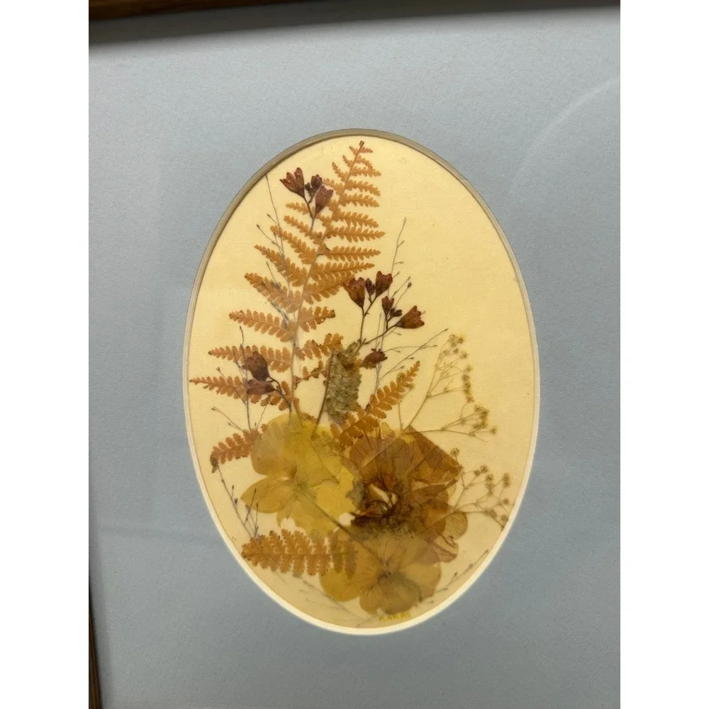 VTG Set of 2 Framed Dried Pressed Fern Flowers Botanical‎ Art Oval Cottagecore